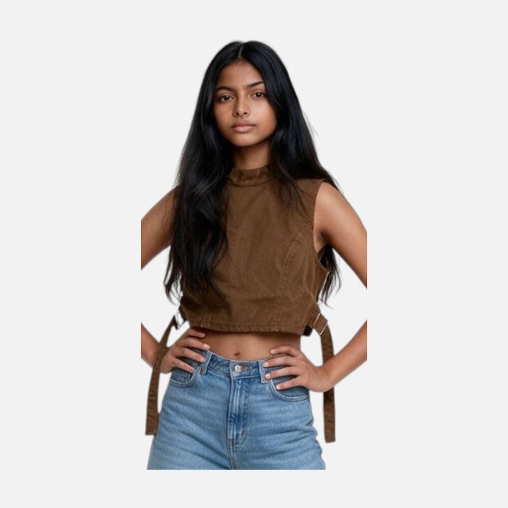 Naked Wardrobe Brown High Neck Side-Tie Cropped Utility Top Small
